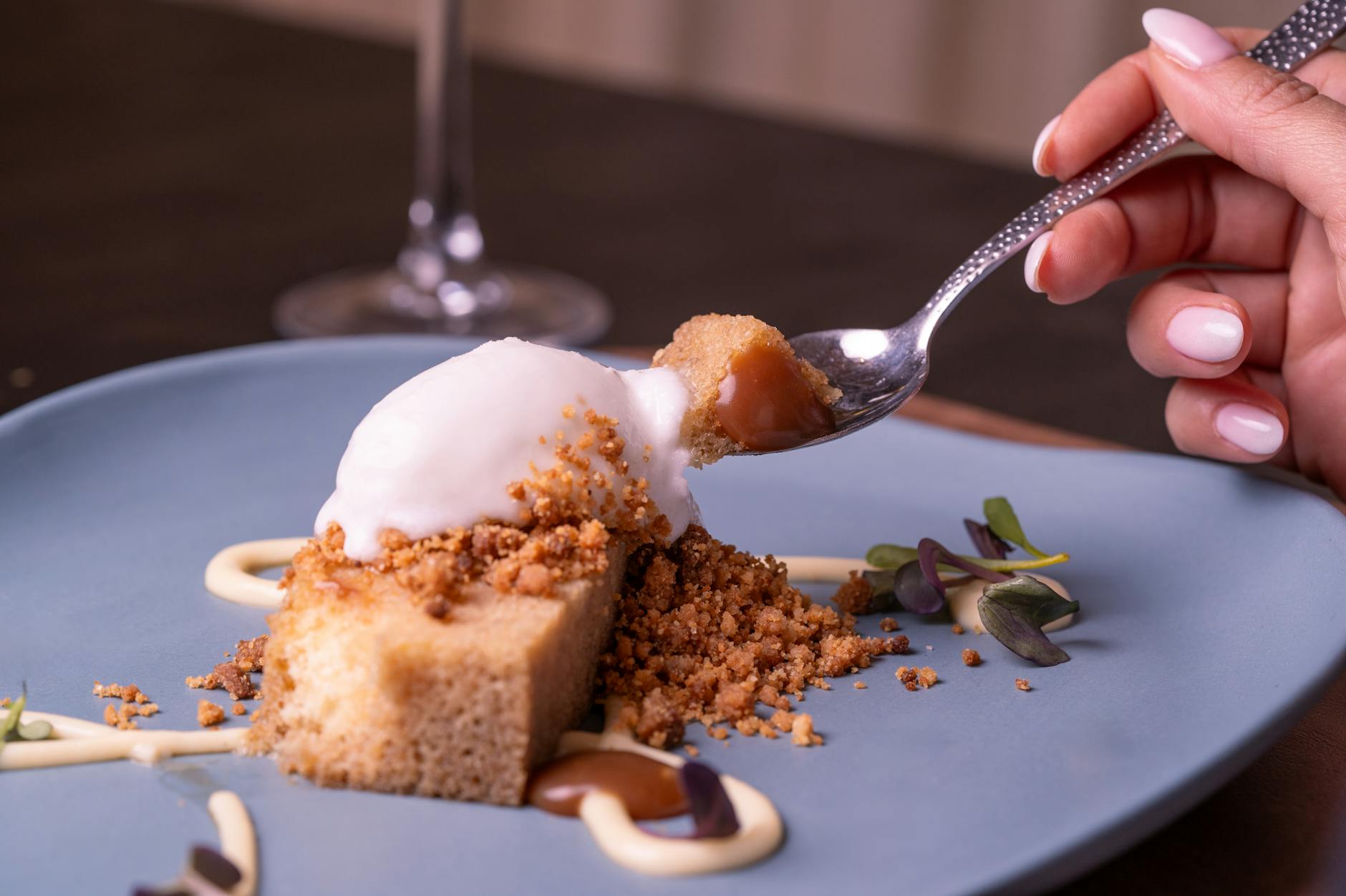 gourmet dessert plate with crumble and sorbet