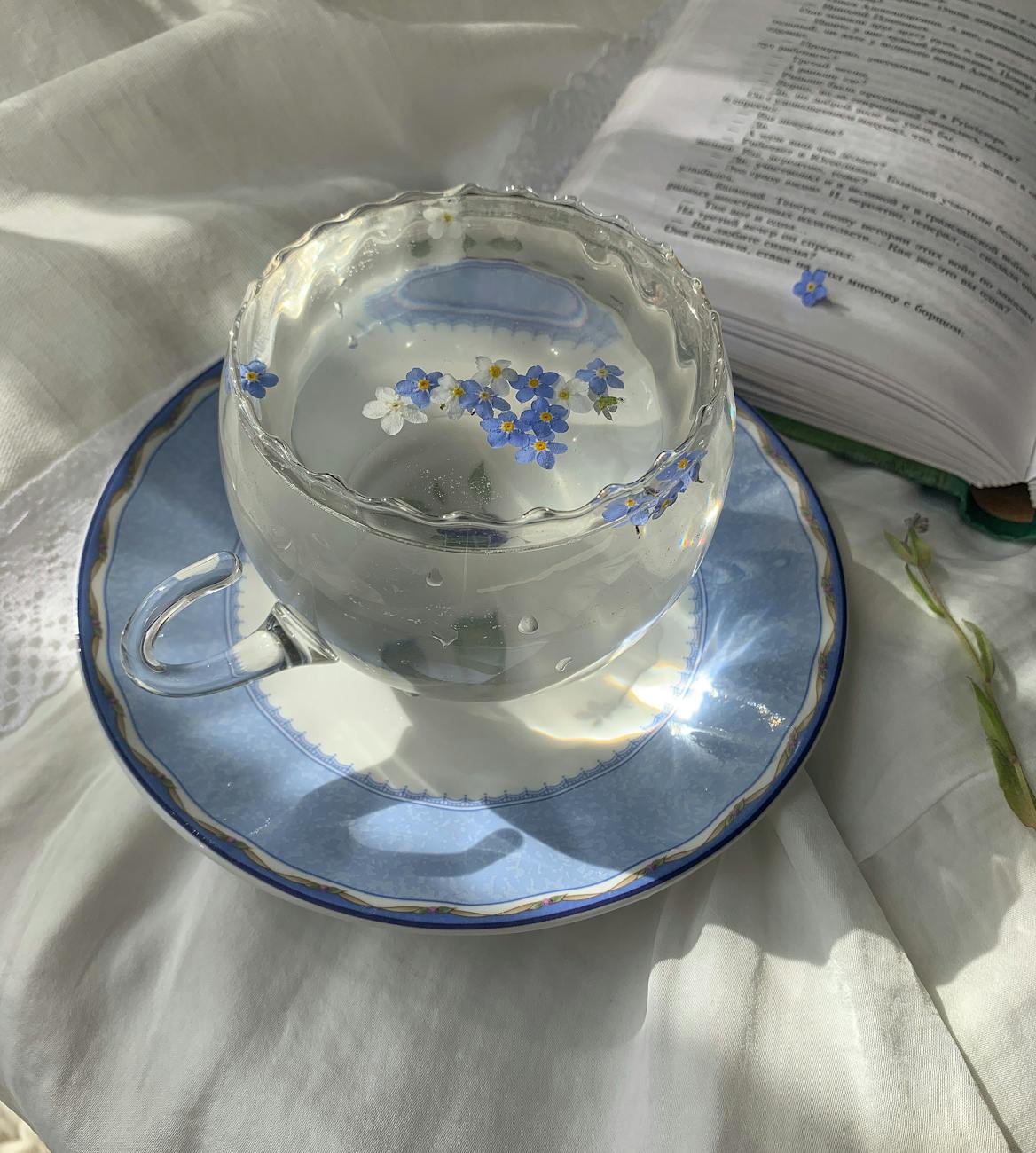 clear glass cup and blue and white saucer on white textile